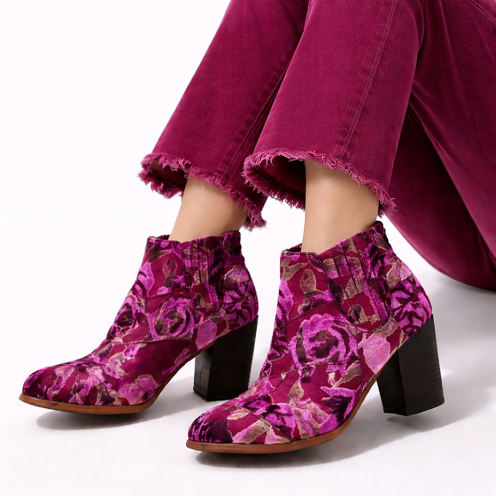 Billy Ella Ankle Boots Size 7 Purple Floral Velvet Block Heel Chelsea Booties‎